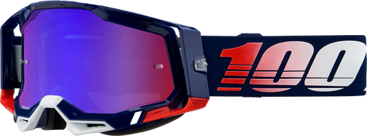 Bill's Exhausts 100% Racecraft 2 goggles with red/blue mirror lenses, featuring a sleek design for motocross or racing activities.