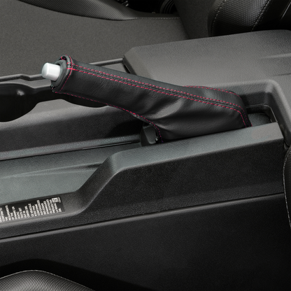 Bill's Exhausts SHOW CHROME E-Brake Cover for Slingshot with red stitching, engine accessory, durable chrome finish.