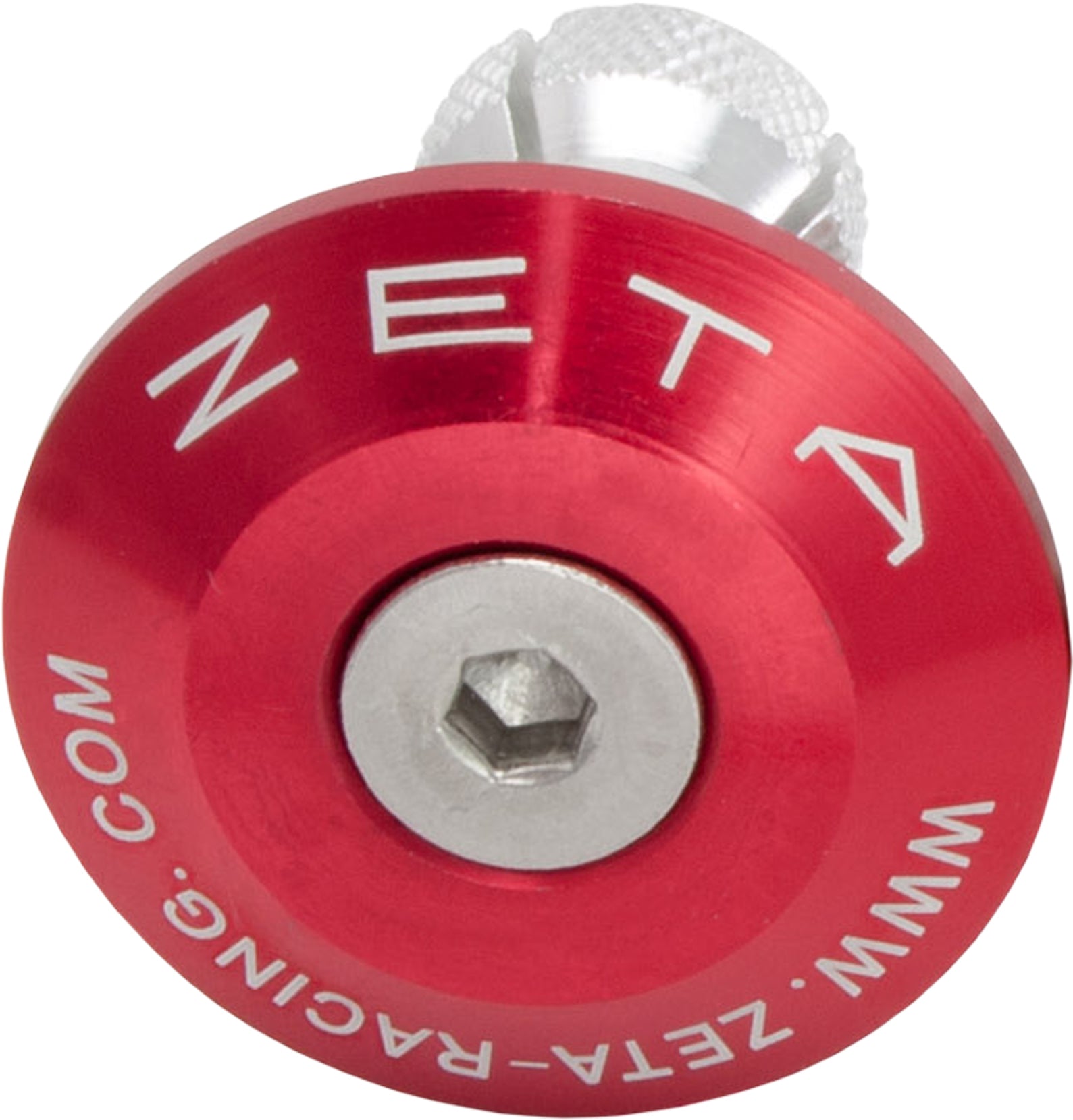 ZETA ZE48-7106 red aluminum motorcycle handlebar end plug with lightweight hardware, shown on a motorcycle handlebar.