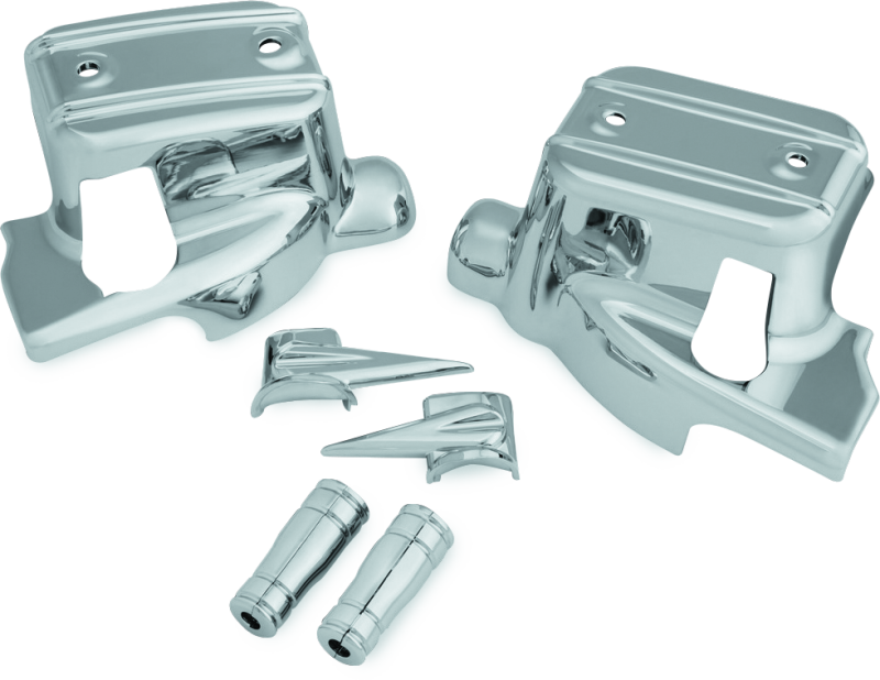 Kuryakyn chrome brake and clutch control covers for Harley Davidson Touring models, featuring sleek chrome finish and ergonomic design.
