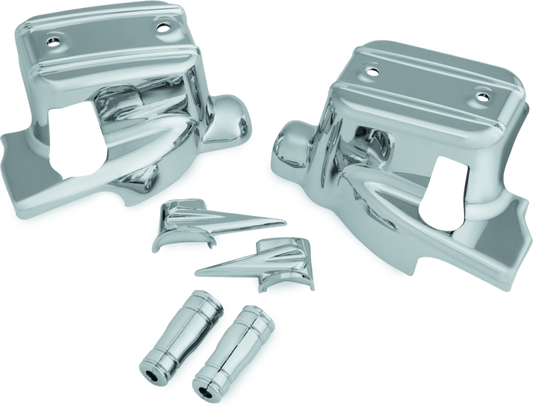 Kuryakyn chrome brake and clutch control covers for Harley Davidson Touring models, featuring sleek chrome finish and ergonomic design.