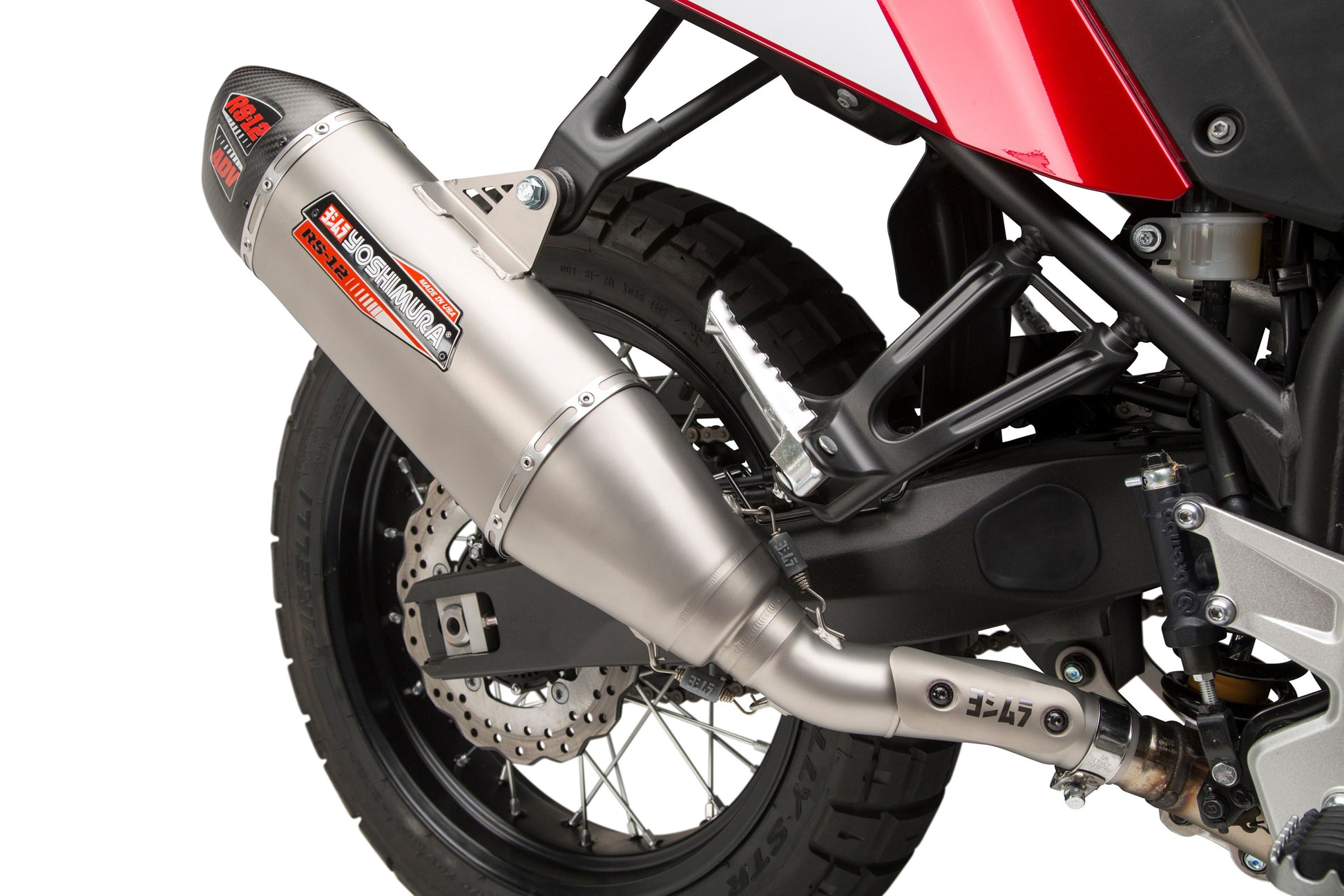 YOSHIMURA RS-12 slip-on exhaust for Yamaha motorcycles, showcasing the sleek stainless steel design and branding details.