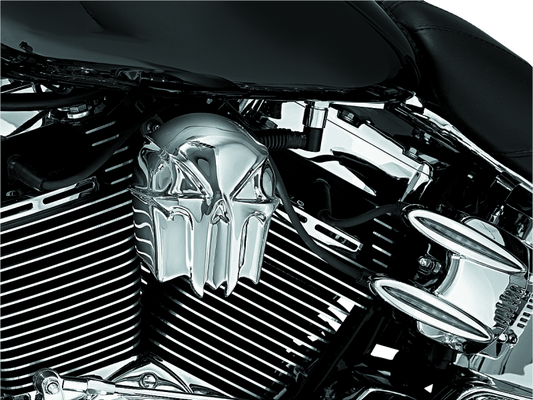 Chrome skull horn cover by Kuryakyn for Harley-Davidson motorcycles, part #7718, featuring a detailed skull design.