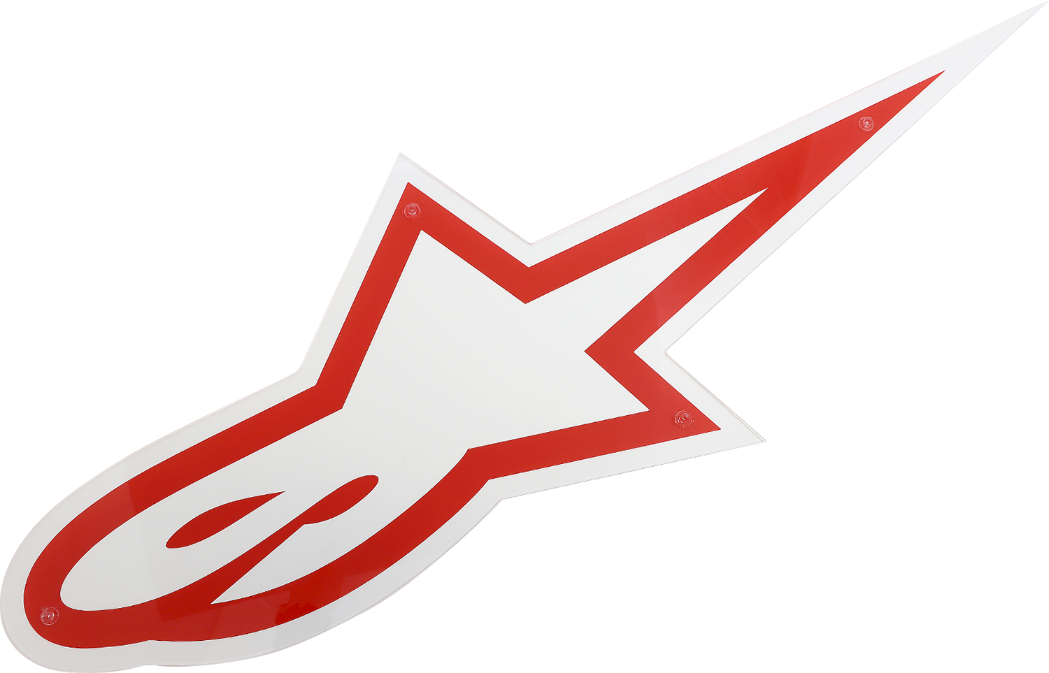 Alpinestars logo sign wall decoration for protective gear display in black and white with bold lettering.
