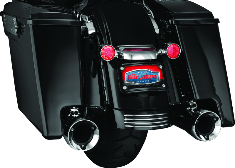 Kuryakyn curved license plate mount for Harley-Davidson Street Glide and Road Glide, black metal with mounting hardware