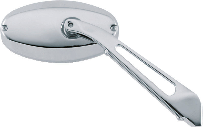 Kuryakyn Ellipse Flat Glass Chrome Motorcycle Mirror mounted on a motorcycle handlebar, showing sleek, reflective surface and chrome finish.