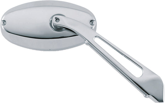 Kuryakyn Ellipse Flat Glass Chrome Motorcycle Mirror mounted on a motorcycle handlebar, showing sleek, reflective surface and chrome finish.