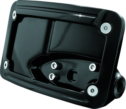 Kuryakyn curved horizontal mount side license plate holder for 4x7 plates in glossy black finish, designed for motorcycle installation.