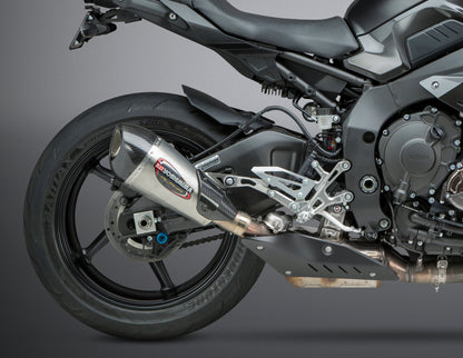 YOSHIMURA Street Alpha T Slip-On exhaust with stainless steel and carbon fiber end cap for motorcycle performance and sleek design