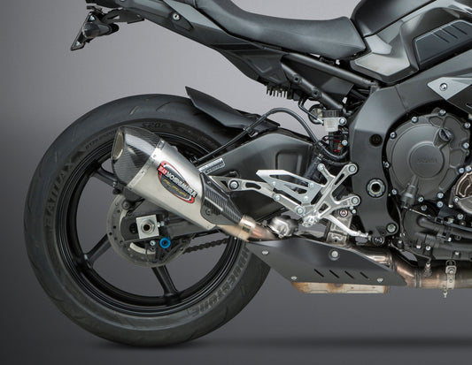 YOSHIMURA Street Alpha T Slip-On exhaust with stainless steel and carbon fiber end cap for motorcycle performance and sleek design