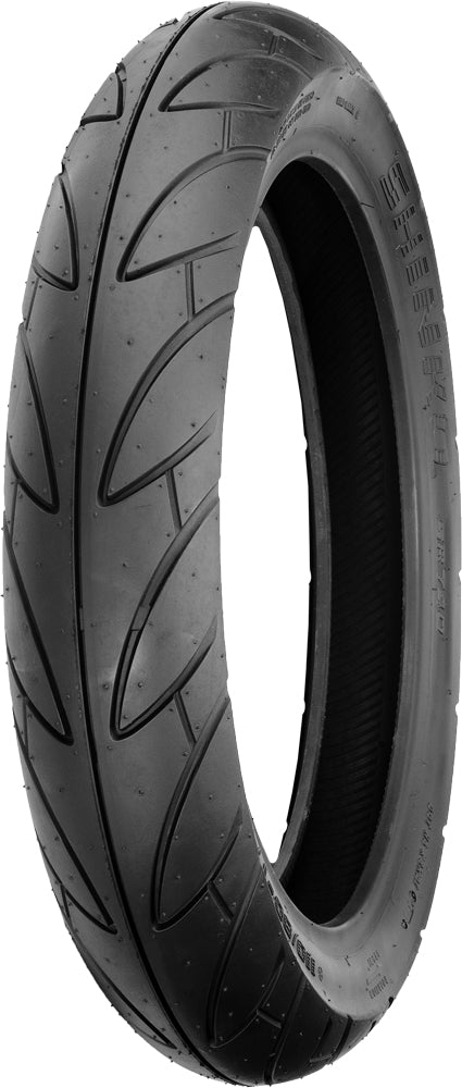 SHINKO Tire 740 Series front 100/80-16 bias tire with tread pattern optimized for wet road performance.
