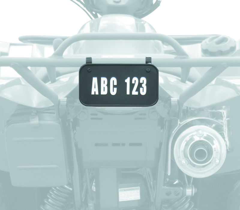 Black ATV license plate kit from QuadBoss designed for powersports vehicles, featuring durable mounting hardware.