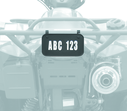 Black ATV license plate kit from QuadBoss designed for powersports vehicles, featuring durable mounting hardware.