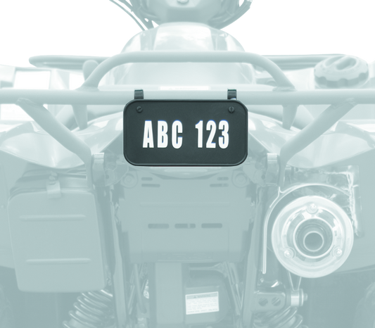 Black ATV license plate kit from QuadBoss designed for powersports vehicles, featuring durable mounting hardware.