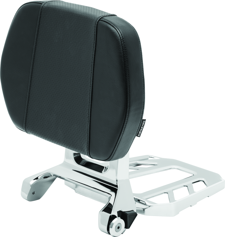 Kuryakyn Neo Driver and Passenger Backrest with Chrome Luggage Rack on motorcycle, featuring padded backrests and chrome finish.