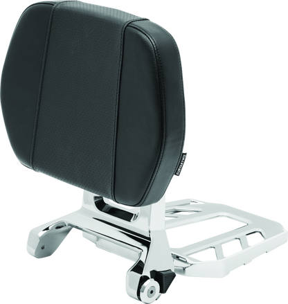 Kuryakyn Neo Driver and Passenger Backrest with Chrome Luggage Rack on motorcycle, featuring padded backrests and chrome finish.