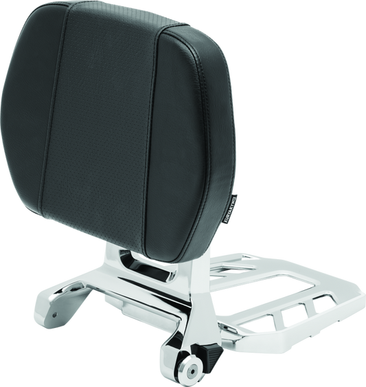 Kuryakyn Neo Driver and Passenger Backrest with Chrome Luggage Rack on motorcycle, featuring padded backrests and chrome finish.