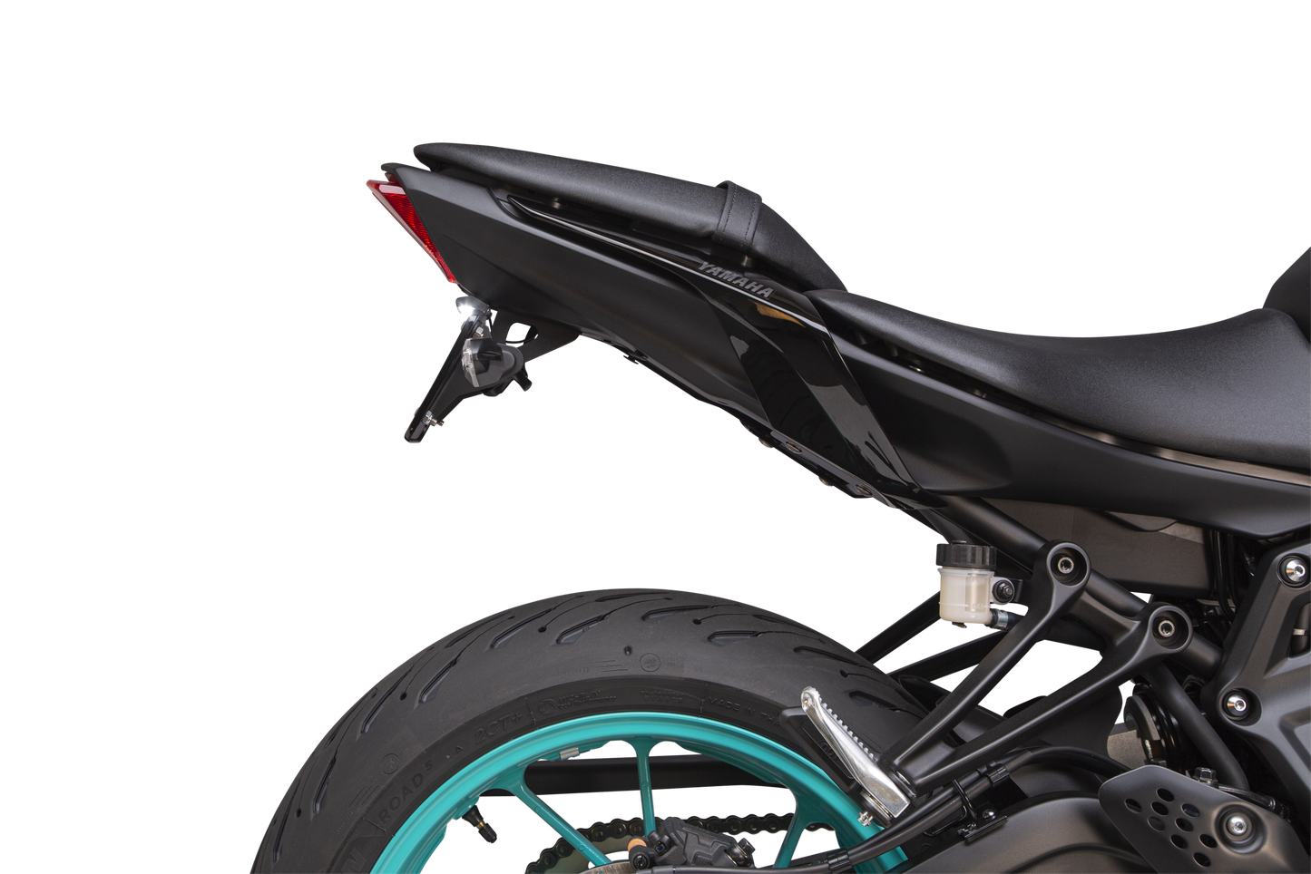 YOSHIMURA Fender Eliminator Kit for Yamaha MT-07 motorcycle, showing sleek black rear license plate and LED light assembly.