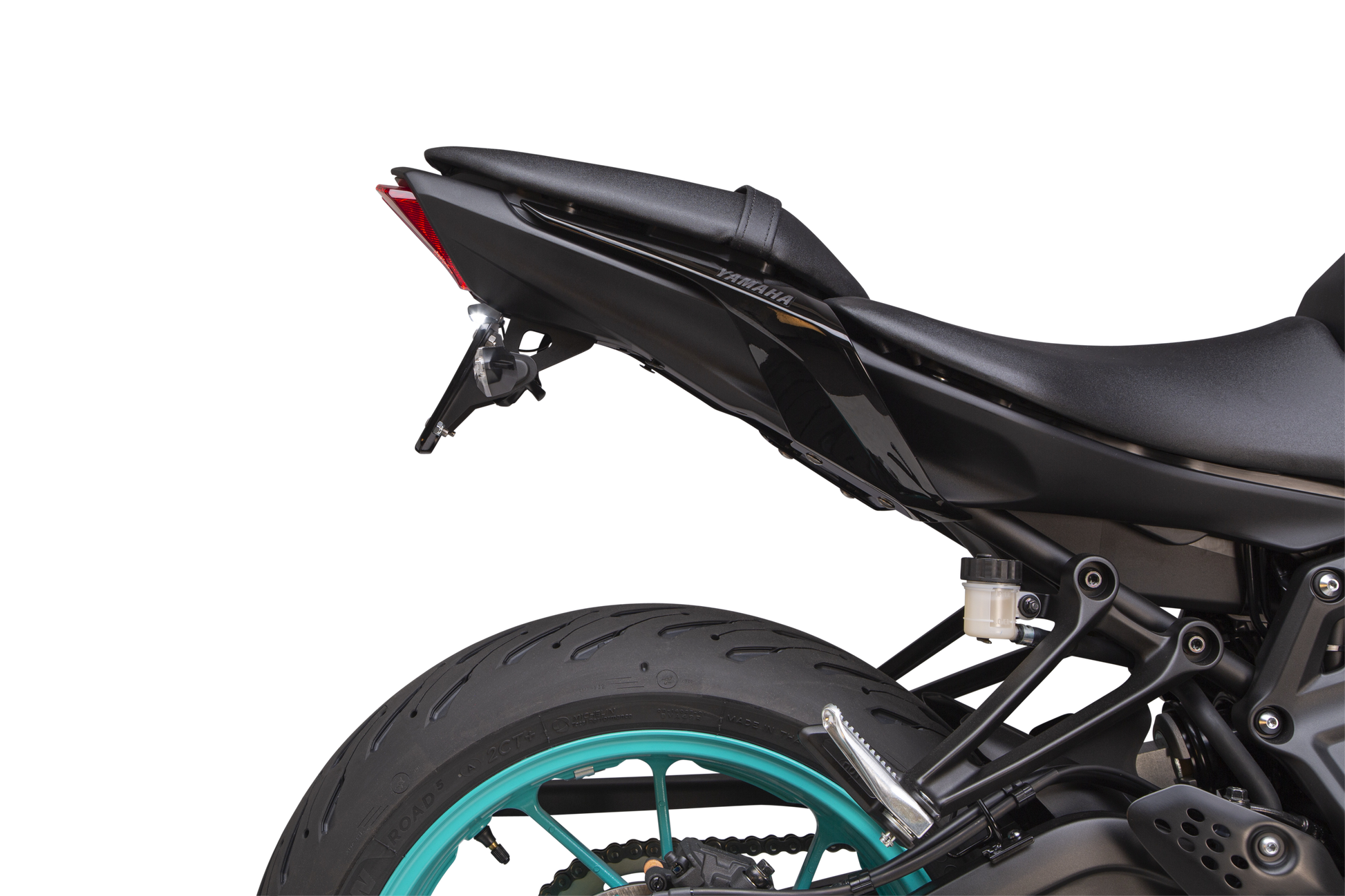 YOSHIMURA Fender Eliminator Kit for Yamaha MT-07 motorcycle, showing sleek black rear license plate and LED light assembly.