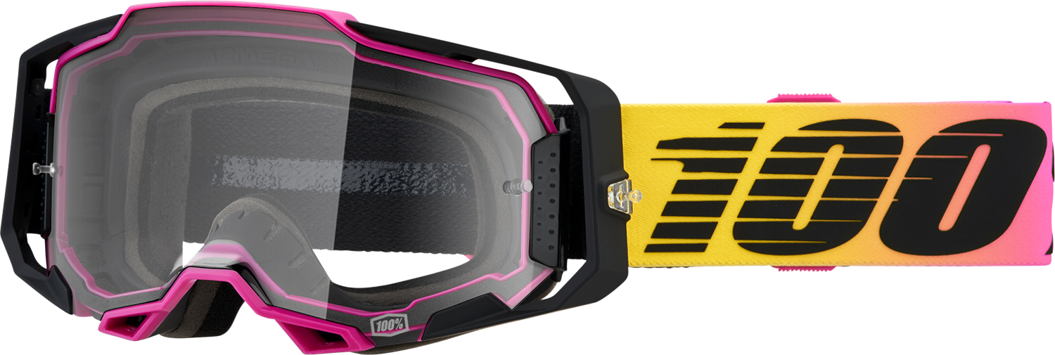 Bill's Exhausts 100% Armega Goggles in clear lens, model 91, with adjustable strap and protective frame for motocross or racing use.