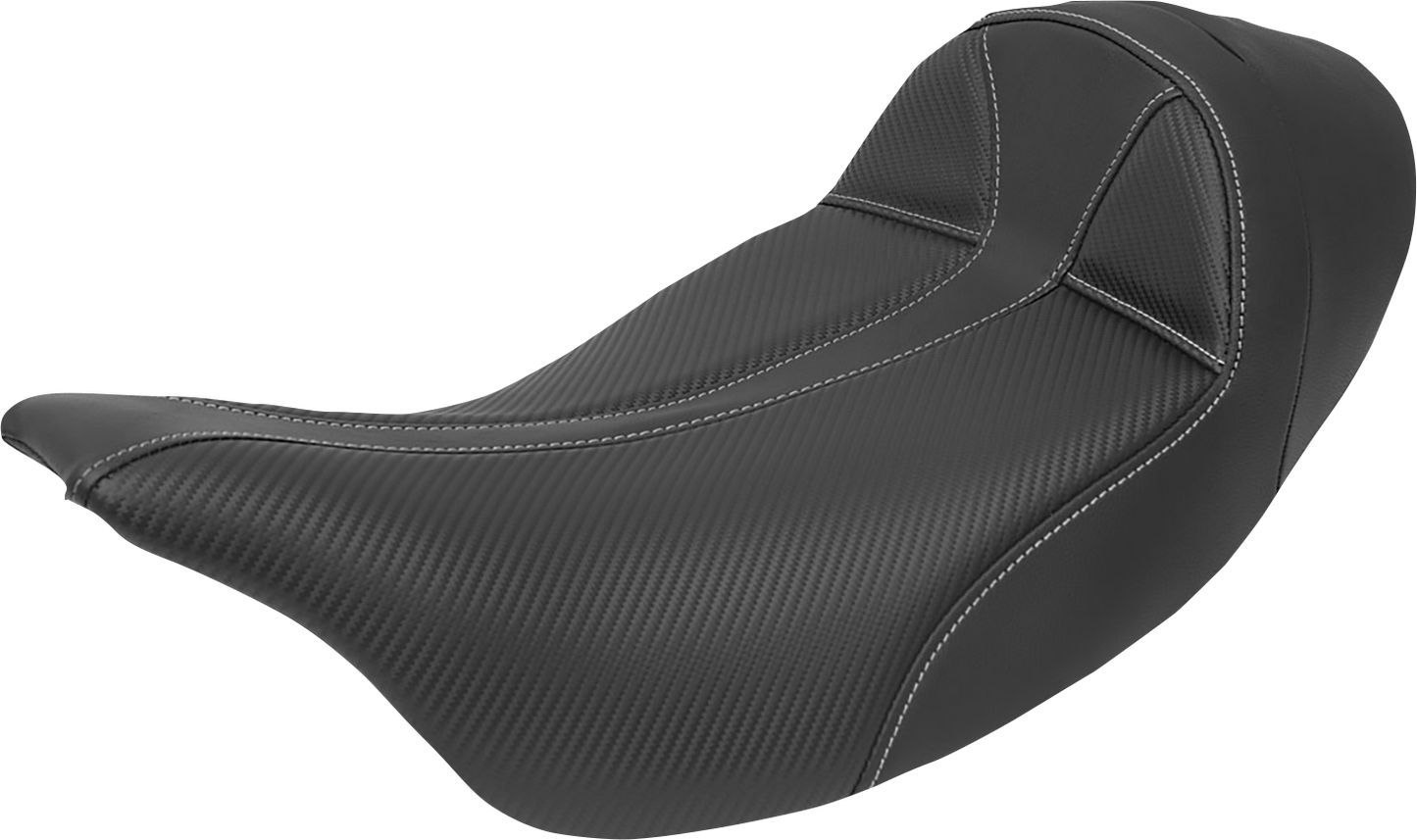 Black SADDLEMEN Dominator Solo Seat with gray stitching, extended reach, stitched design for Harley FL models 2008-2023.