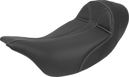 Black SADDLEMEN Dominator Solo Seat with gray stitching, extended reach, stitched design for Harley FL models 2008-2023.