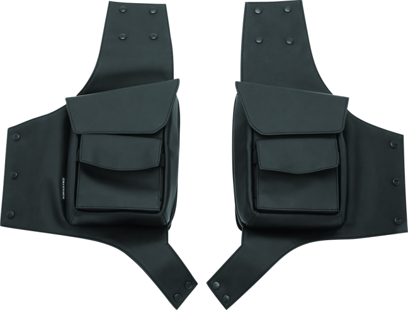 Kuryakyn Harley-Davidson touring saddlebag guard pouches mounted on a motorcycle for added storage and protection.