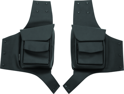Kuryakyn Harley-Davidson touring saddlebag guard pouches mounted on a motorcycle for added storage and protection.