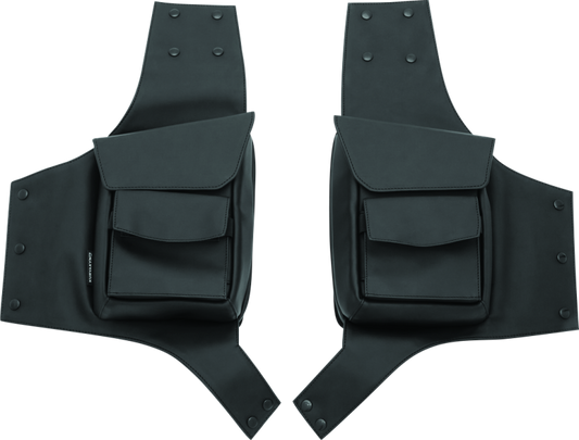 Kuryakyn Harley-Davidson touring saddlebag guard pouches mounted on a motorcycle for added storage and protection.