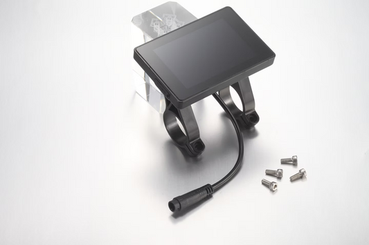 E Ride Pro SR display showing digital interface with controls and readouts on a sleek screen for e-bike monitoring.