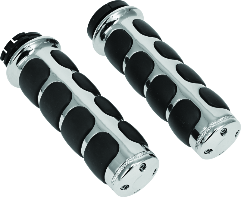 Chrome Kuryakyn ISO grips without throttle boss for Harley-Davidson dual cable models, featuring ergonomic design and textured surface