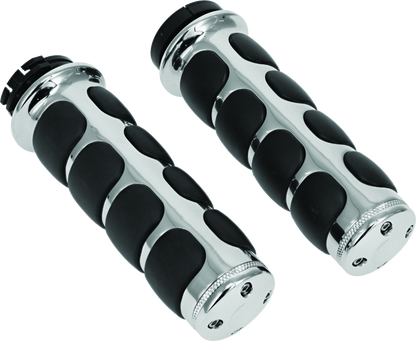 Chrome Kuryakyn ISO grips without throttle boss for Harley-Davidson dual cable models, featuring ergonomic design and textured surface