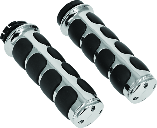 Chrome Kuryakyn ISO grips without throttle boss for Harley-Davidson dual cable models, featuring ergonomic design and textured surface