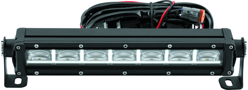 QuadBoss 11.5-inch single row DRL LED light bar with combo flood and spot beams, mounted on a vehicle for off-road lighting.