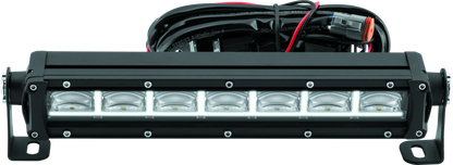QuadBoss 11.5-inch single row DRL LED light bar with combo flood and spot beams, mounted on a vehicle for off-road lighting.