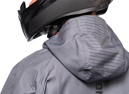 Gray ICON PDX3™ jacket in XL size from Bill's Exhausts, displayed on a hanger with visible front zipper and collar.