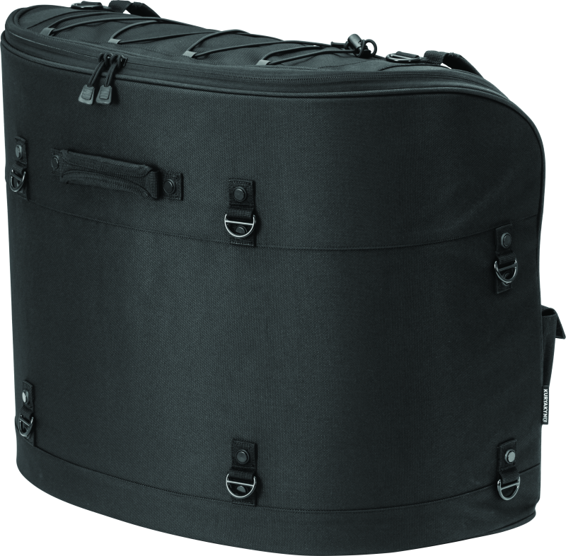 Kuryakyn Momentum Wanderer seat bag with 60L capacity, padded backrest, organized compartments, designed for touring passenger seats.