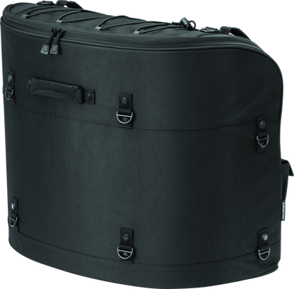 Kuryakyn Momentum Wanderer seat bag with 60L capacity, padded backrest, organized compartments, designed for touring passenger seats.