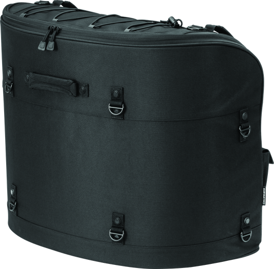 Kuryakyn Momentum Wanderer seat bag with 60L capacity, padded backrest, organized compartments, designed for touring passenger seats.
