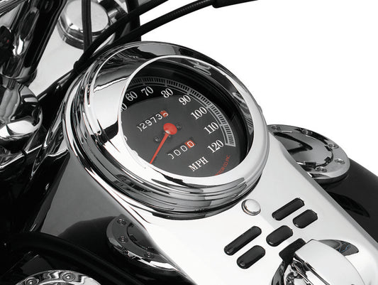 Chrome Kuryakyn Speedometer Trim Ring with Visor for powersports vehicles, showcasing a sleek, shiny motorcycle instrument upgrade.
