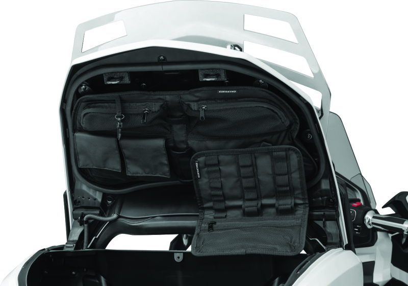 Kuryakyn trunk lid organizer for 2018-2023 Honda Gold Wing Tour motorcycles, shown attached to trunk lid with compartments.