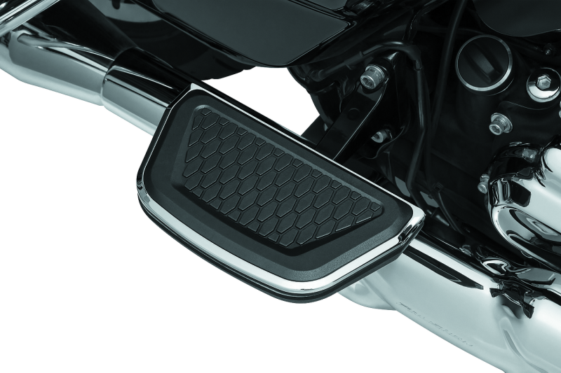 Kuryakyn Chrome Hex Passenger Board Inserts for Harley Davidson 2008-2009 motorcycle, part #5902, shown on bike.