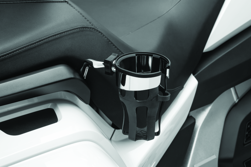 Chrome Kuryakyn Reflex Drink Holder for Honda Goldwing GL1800 passenger mount, sturdy and stylish motorcycle accessory.
