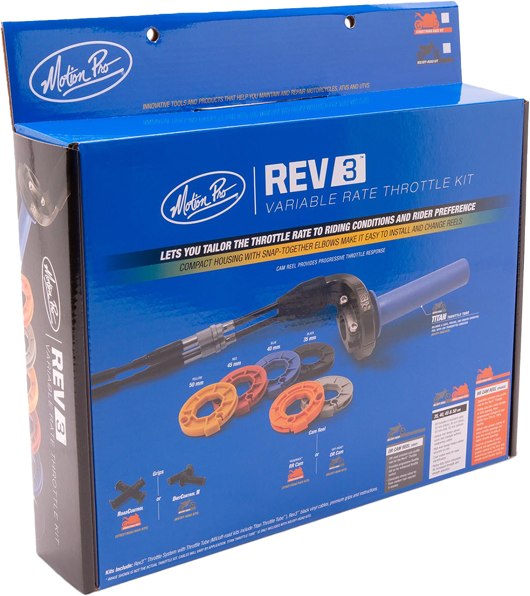 Motion Pro Rev3 throttle kit for Kawasaki motorcycle, showing the throttle grip, cable, and components in the image.