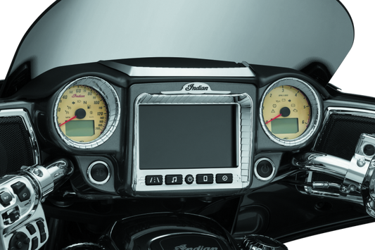 Kuryakyn Aztec gauge accent in chrome for 2014-2023 Indian motorcycle models, mounted on the dashboard.