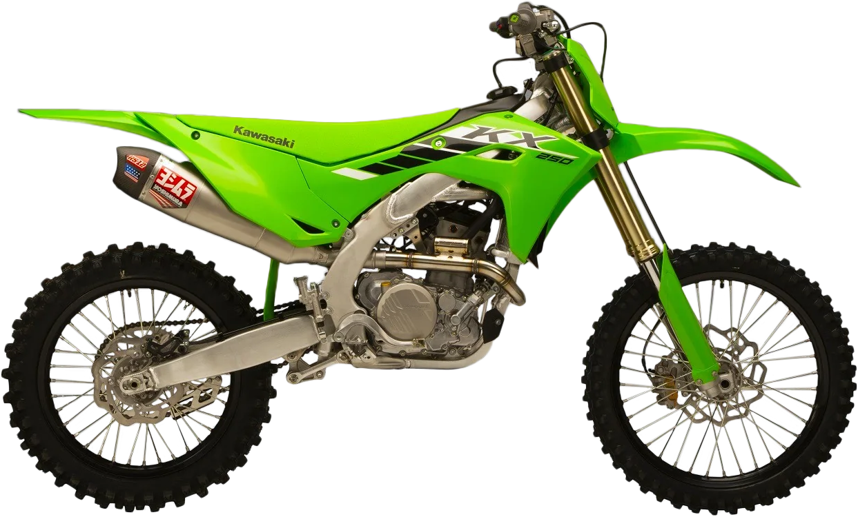 YOSHIMURA RS-12 exhaust system for Kawasaki KX250F motorcycle, shown with metal and carbon fiber components.