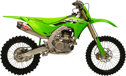 YOSHIMURA RS-12 exhaust system for Kawasaki KX250F motorcycle, shown with metal and carbon fiber components.