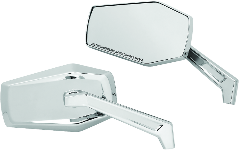 Kuryakyn Hex Chrome Mirrors for powersports vehicles, featuring sleek chrome finish and modern design, mounted on bike handlebars