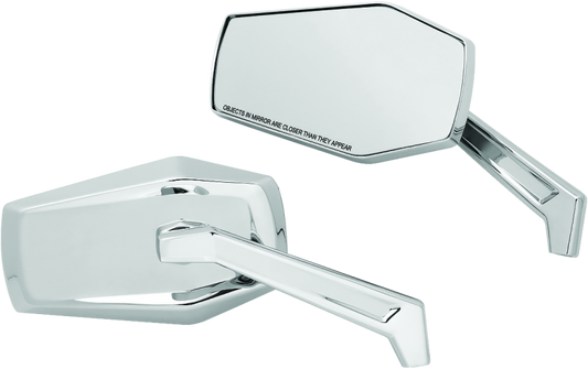 Kuryakyn Hex Chrome Mirrors for powersports vehicles, featuring sleek chrome finish and modern design, mounted on bike handlebars