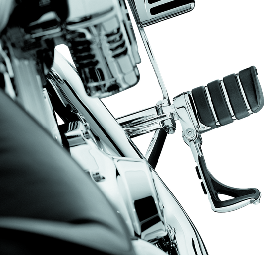 Chrome Kuryakyn Switchblade Pegs with male mount adapter for Harley and metric motorcycles, showing the sleek footrest design.